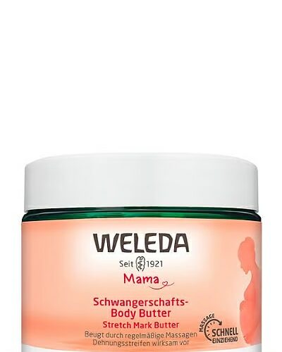 Schwangerschafts-Body Butter – Die Weleda Schwangerschafts-Body Butter mit schnell einziehender Rezeptur beugt Dehnungsstreifen vor und reduziert ihr Erscheinungsbild.